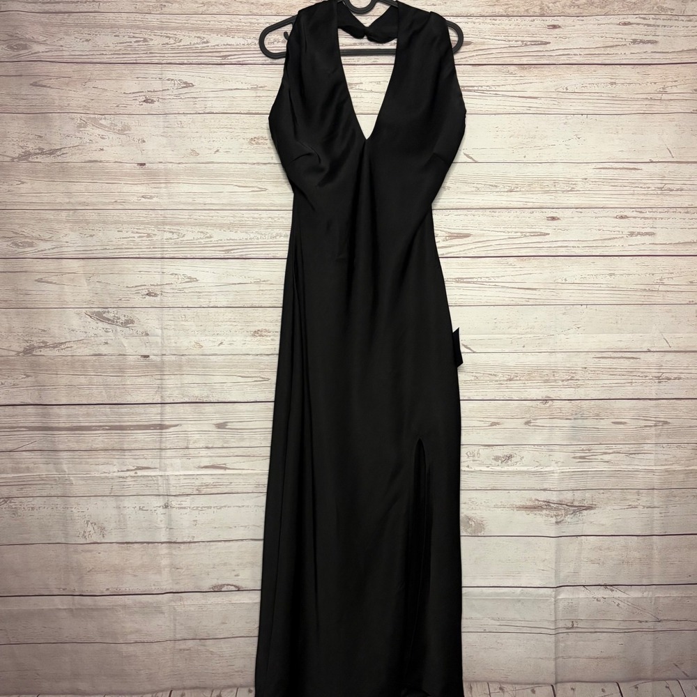 Lulus Black Satin Halter Dress Deep V-Neck Open Back Formal Gown NWT Large